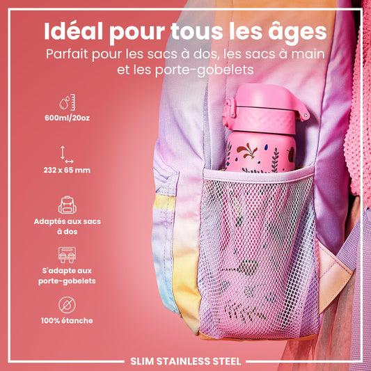 Ion8 Gourde Inox Léger, 600ml, Non Isolé, Anti-Fuite, Facile à Ouvrir, Verrouillage Sécurisé, Lavable au Lave-Vaisselle, Poignée de Transport, Durable, Acier Inoxydable, Flamant - Cpourtoi.Net