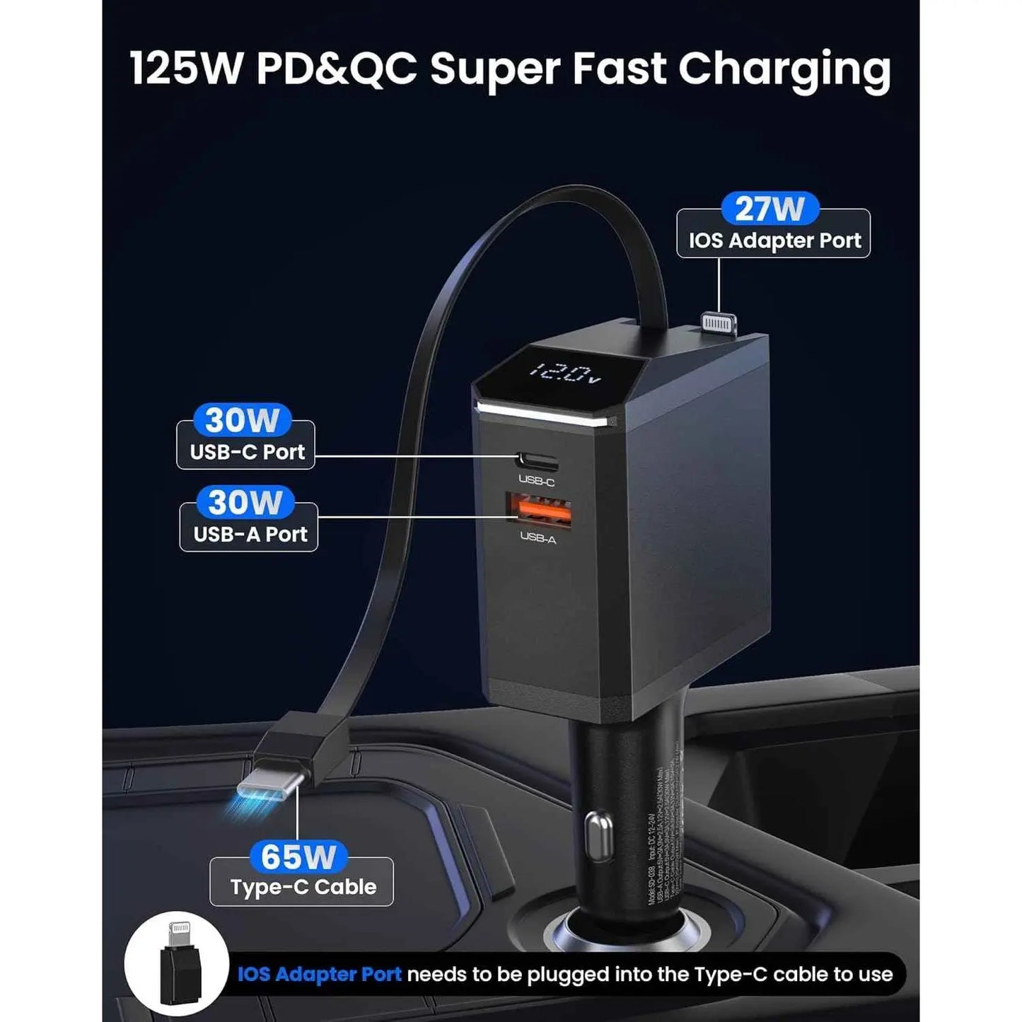 Chargeur voiture 125 w rapide rétractable USB C pour téléphone - Cpourtoi.Net