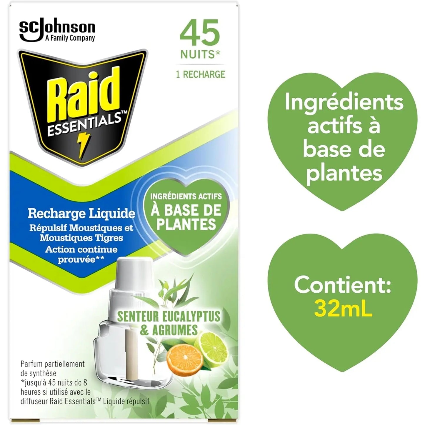 Raid Essentials Recharge Diffuseur Électrique Liquide- Répulsif Moustiques et Moustiques Tigres 45 Nuits - Senteur Eucalyptus et Agrumes - 1 Recharge - Cpourtoi.Net