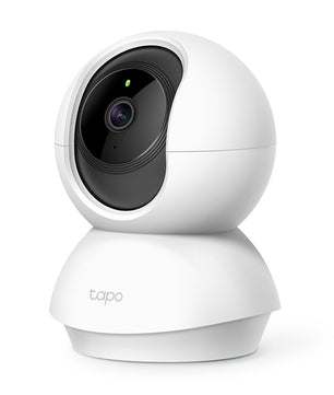 Vue rapprochée de la caméra de surveillance WiFi Tapo C200 1080P 360°, au design compact et moderne pour usage intérieur.