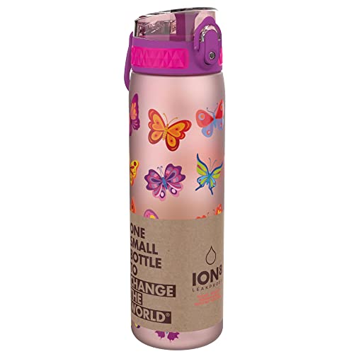 Ion8 Gourde, 500ml, Anti-Fuite, Facile à Ouvrir, Verrouillage Sécurisé, Lavable en Lave-vaisselle, Sans BPA, Poignée de Transport, S'adapte aux Porte-gobelets, Facile à Nettoyer, Motif Papillon - Cpourtoi.Net