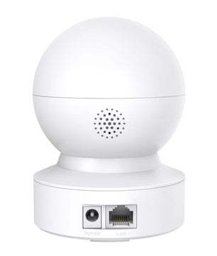 Vue arrière de la caméra Tapo C200 montrant les ports LAN et alimentation, idéale pour une installation réseau sécurisée.
