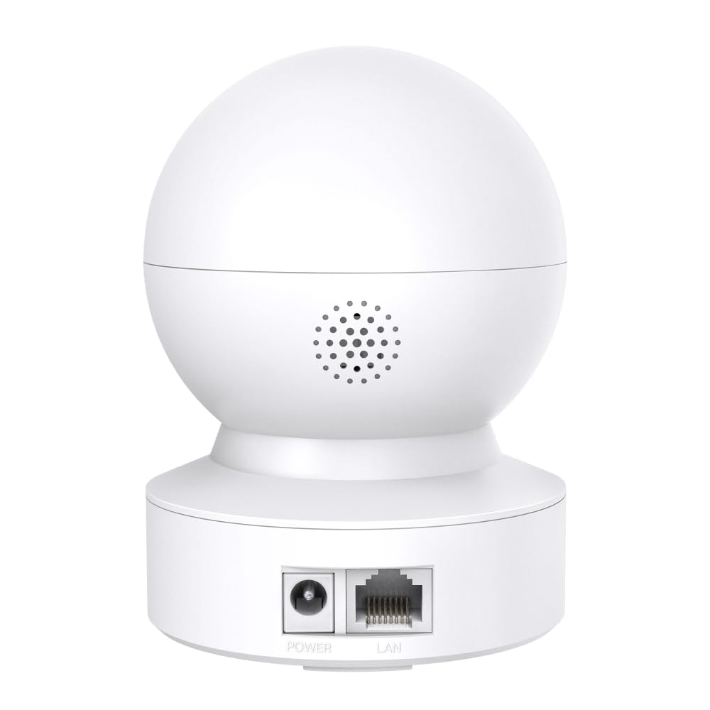 Vue arrière de la caméra Tapo C200 montrant les ports LAN et alimentation, idéale pour une installation réseau sécurisée.