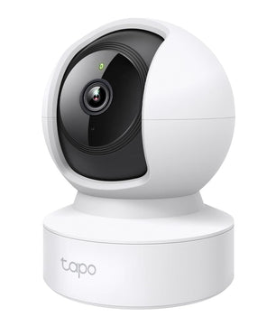 Caméra Tapo C200 1080P WiFi avec design sphérique, rotation panoramique et inclinaison verticale pour surveillance intérieure.