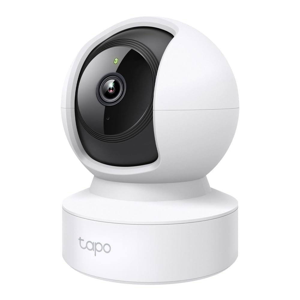 Caméra Tapo C200 1080P WiFi avec design sphérique, rotation panoramique et inclinaison verticale pour surveillance intérieure.