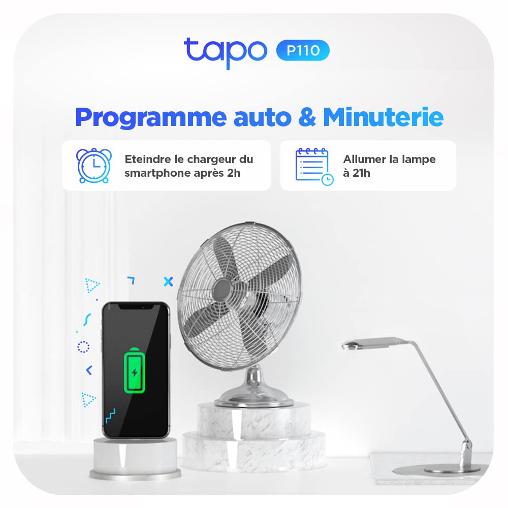 Programmation automatique de la prise Tapo P110 pour gérer l'alimentation d'un chargeur ou d'une lampe selon un horaire défini.