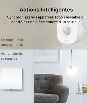 Actions intelligentes avec l'interrupteur Tapo S210, synchronisation avec capteur de mouvement et scénarios domotiques personnalisés.
