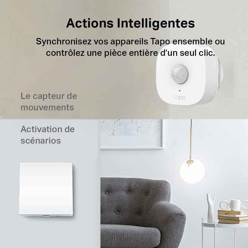 Actions intelligentes avec l'interrupteur Tapo S210, synchronisation avec capteur de mouvement et scénarios domotiques personnalisés.