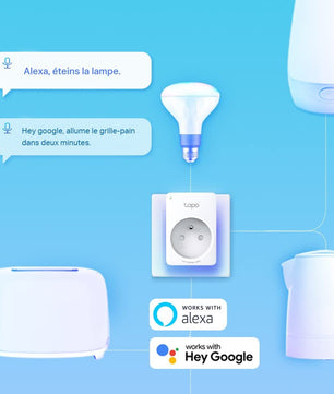 Prise intelligente WiFi Tapo P100 intégrée à un réseau domotique avec commandes vocales Alexa et Google Home.