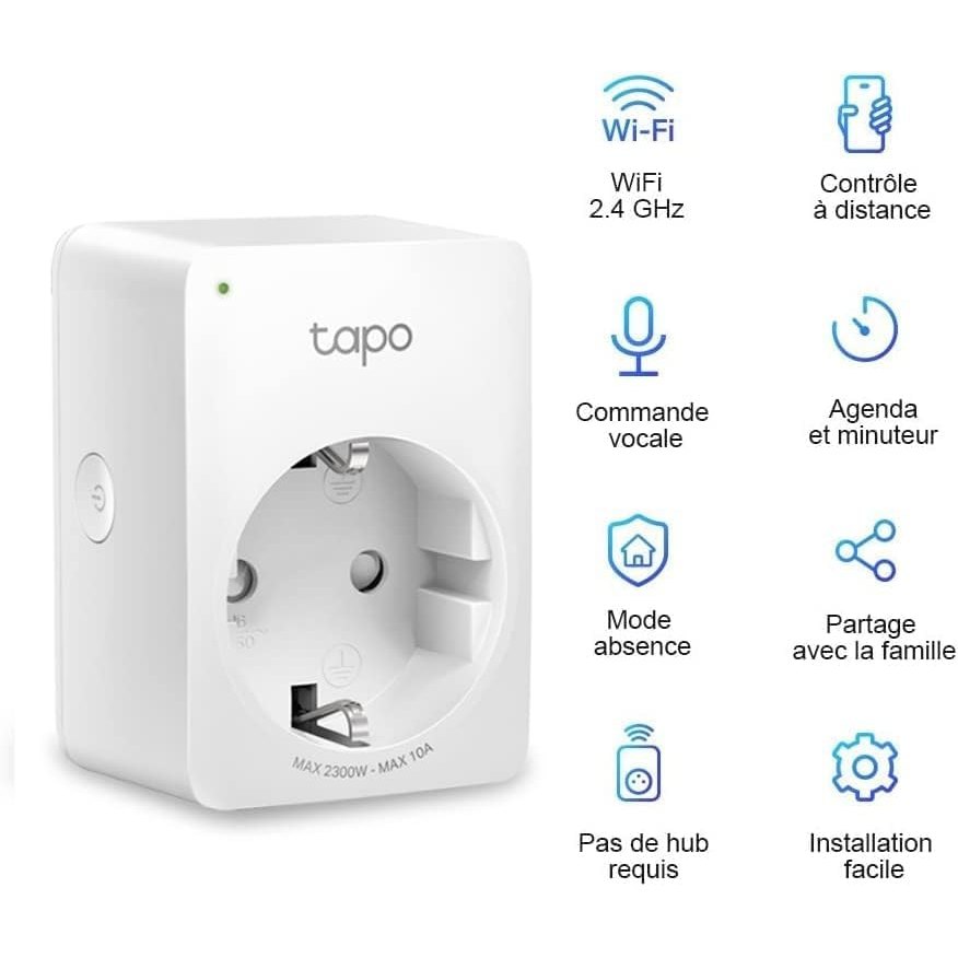 Caractéristiques de la prise Tapo P100 : WiFi 2.4 GHz, commande vocale, minuterie, mode absence et installation facile.
