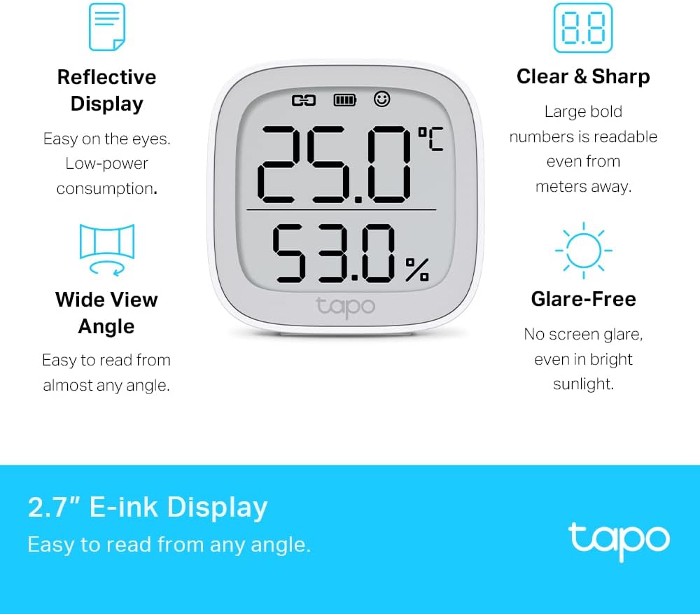 Tapo T315 Thermomètre de pièce intelligent, hygromètre, thermomètre d'intérieur ambiant, capteur d'humidité, moniteur de température ambiante, affichage E-ink de 2,7", notifications en temps réel