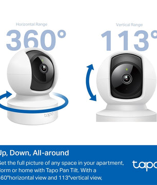 Caméra Tapo C200 avec rotation horizontale 360° et verticale 113°, idéale pour une couverture complète d’un espace intérieur.