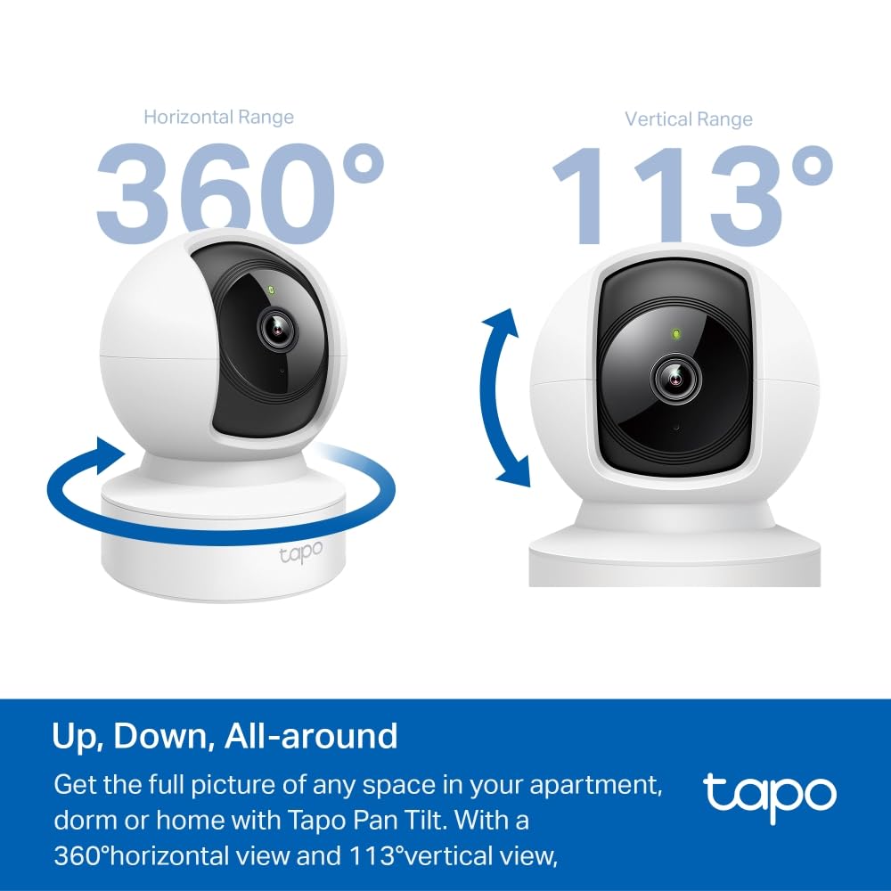 Caméra Tapo C200 avec rotation horizontale 360° et verticale 113°, idéale pour une couverture complète d’un espace intérieur.