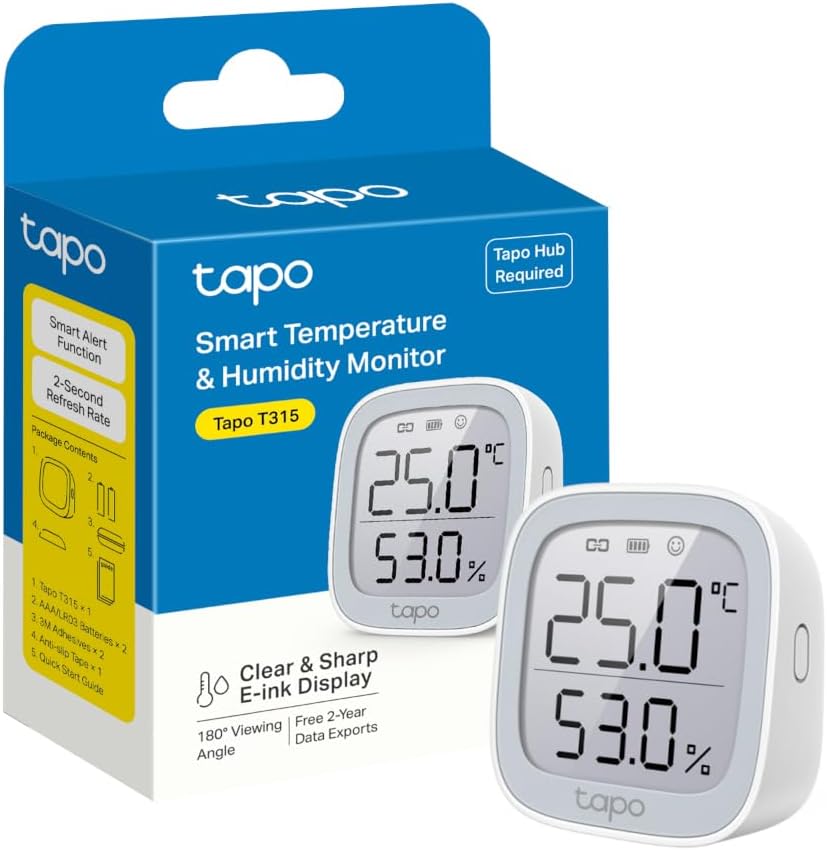 Tapo T315 Thermomètre de pièce intelligent, hygromètre, thermomètre d'intérieur ambiant, capteur d'humidité, moniteur de température ambiante, affichage E-ink de 2,7", notifications en temps réel