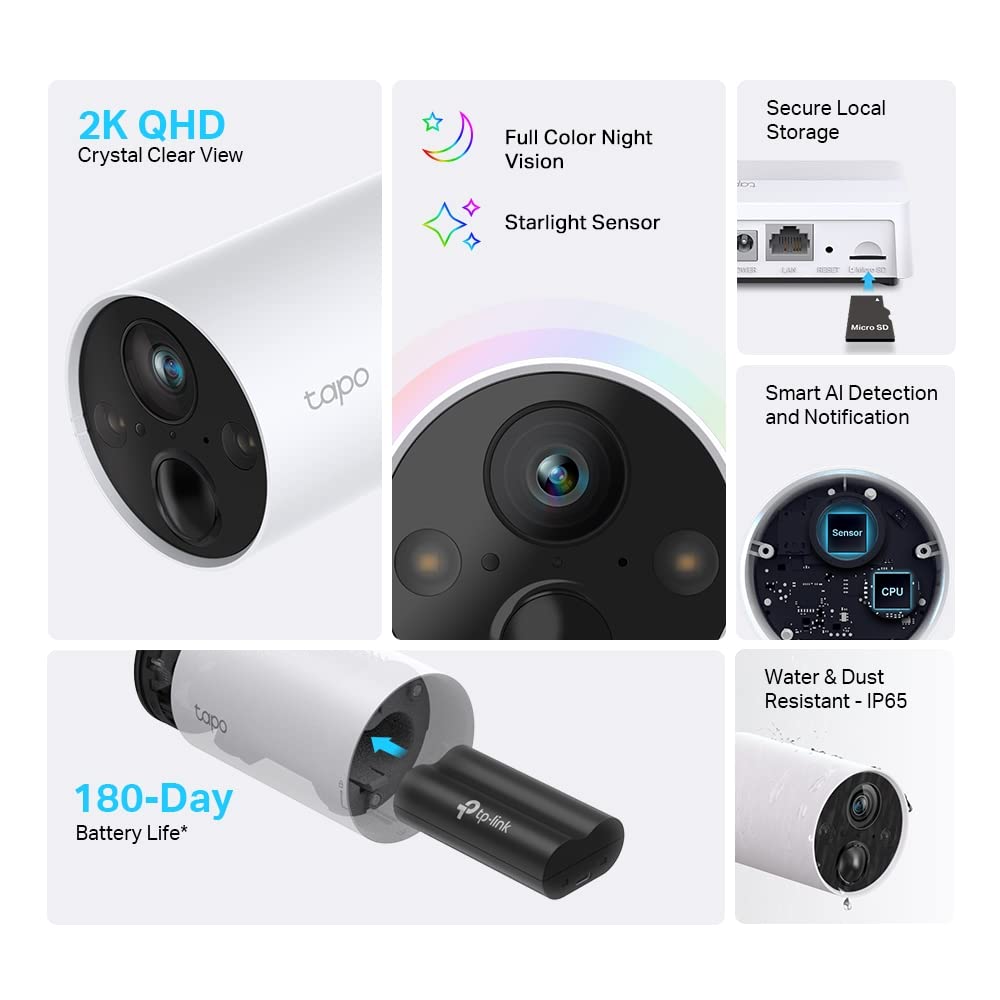 Tapo 2.5K 4MP Caméra Surveillance WiFi Extérieure sans Fil avec Panneau Solaire Batterie 10 000mAh, Autonomie de 300j,