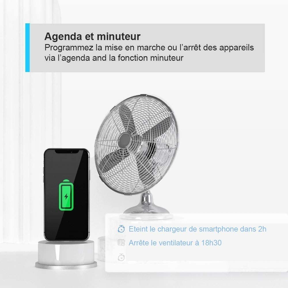 Fonction minuterie de la prise intelligente Tapo P100 pour éteindre un ventilateur ou charger un smartphone automatiquement.