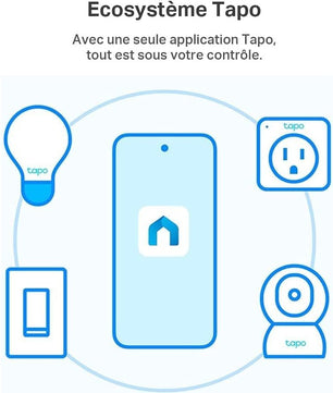 Illustration de l’écosystème domotique Tapo avec smartphone centralisant la gestion des prises WiFi P100 et autres appareils.