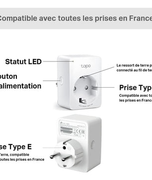 Compatibilité des prises Tapo P100 avec les prises françaises de type E et F, avec bouton d’alimentation et LED.