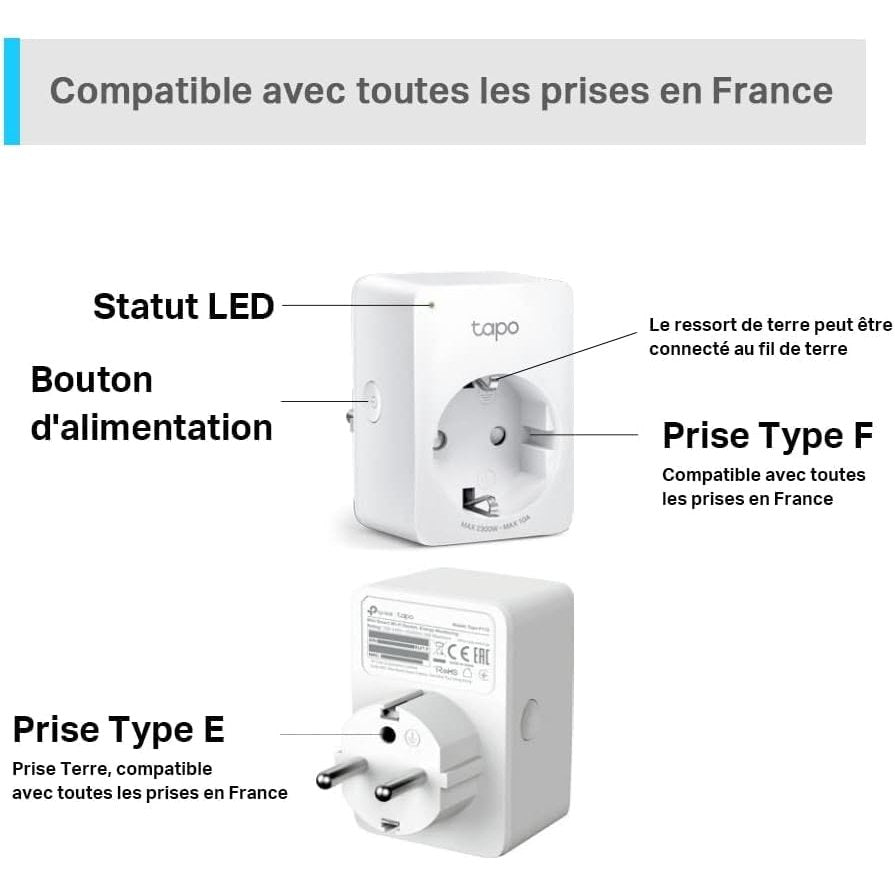 Compatibilité des prises Tapo P100 avec les prises françaises de type E et F, avec bouton d’alimentation et LED.