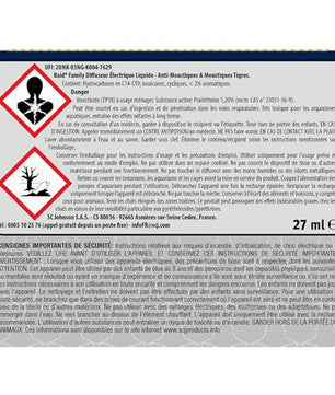 Étiquette de sécurité Raid Family diffuseur électrique anti-moustiques, avec détails sur les composants et précautions d’utilisation.