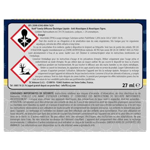 Étiquette de sécurité Raid Family diffuseur électrique anti-moustiques, avec détails sur les composants et précautions d’utilisation.