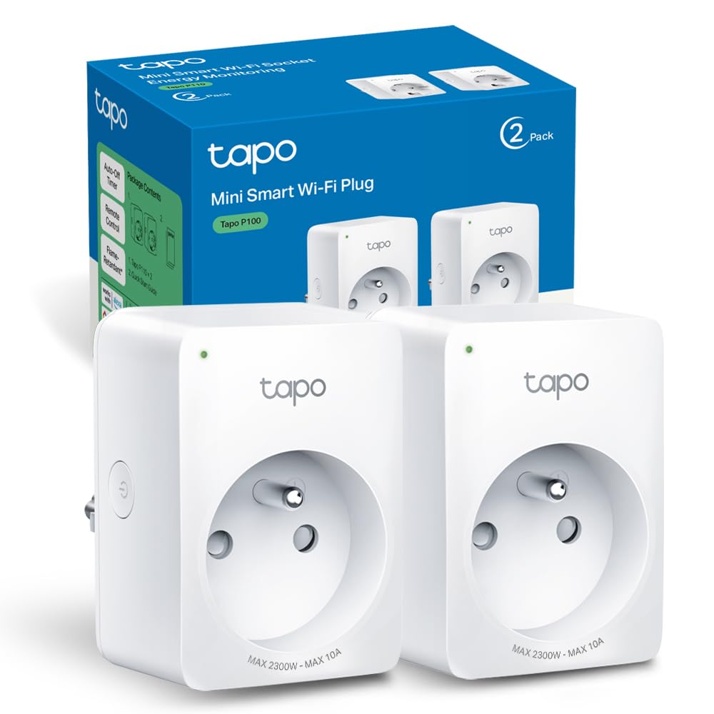 Pack de 2 prises intelligentes WiFi Tapo P100 avec boîte, pour automatisation domestique, compatible Alexa et Google Home.