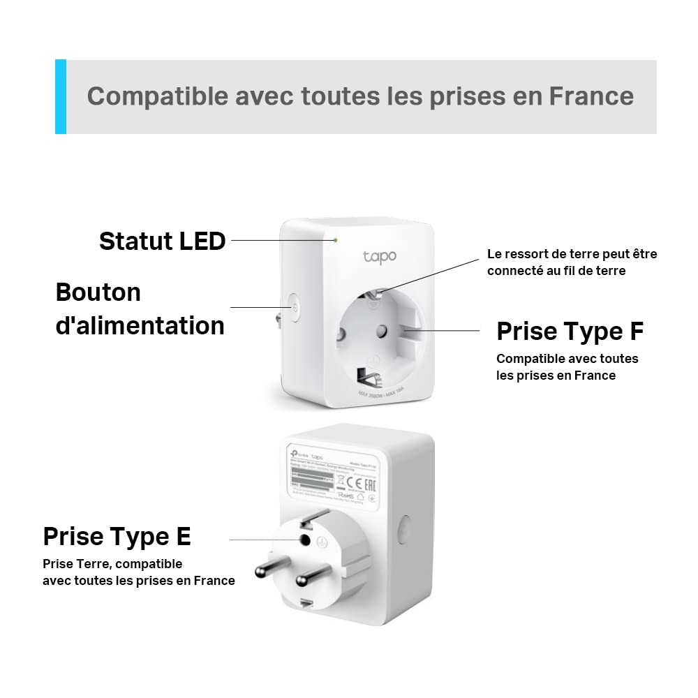 Vue détaillée des prises Tapo P110 avec compatibilité prises Type E et F, adaptées à toutes les prises en France.