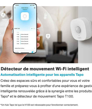 Tapo Détecteur de mouvement intelligent Tapo T100 avec Hub, capteur de mouvement intelligent, détection longue portée (120°, 7 m), lumière activée par le mouvement, alertes instantanées