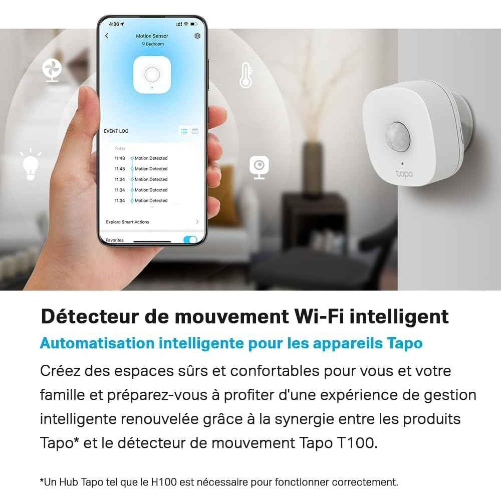 Tapo Détecteur de mouvement intelligent Tapo T100 avec Hub, capteur de mouvement intelligent, détection longue portée (120°, 7 m), lumière activée par le mouvement, alertes instantanées