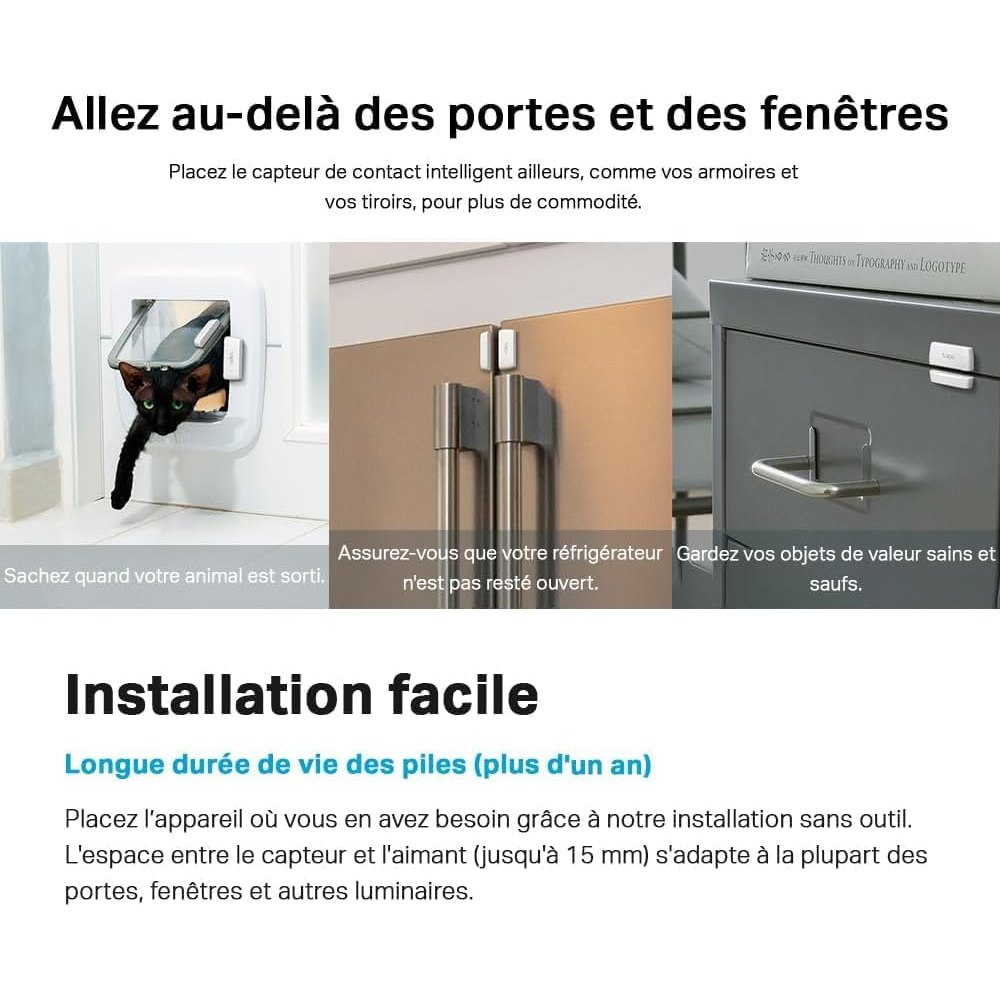 Tapo Détecteur de mouvement intelligent Tapo T110, pour la sécurité des fenêtres/portes, durée de vie de la batterie de 1 an et plus, notification d'application instantanée, Tapo Hub requis