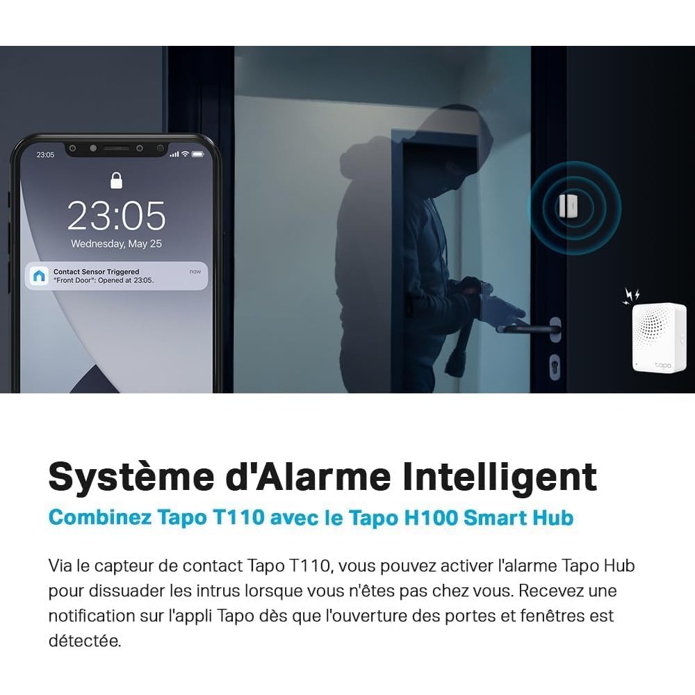 Tapo Détecteur de mouvement intelligent Tapo T110, pour la sécurité des fenêtres/portes, durée de vie de la batterie de 1 an et plus, notification d'application instantanée, Tapo Hub requis
