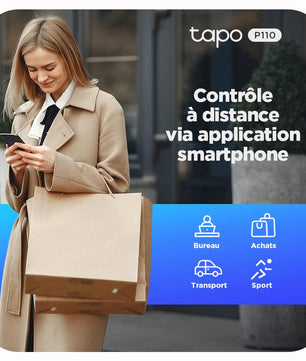 Contrôle à distance de la prise Tapo P110 via application mobile, pratique pour le bureau, les achats ou les déplacements.