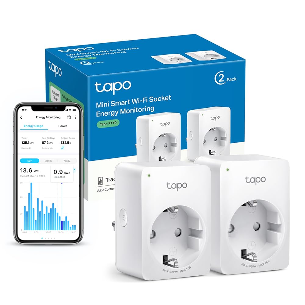 Pack de 2 prises connectées Tapo P110 avec suivi de consommation et application mobile, compatibles Alexa et Google Home.