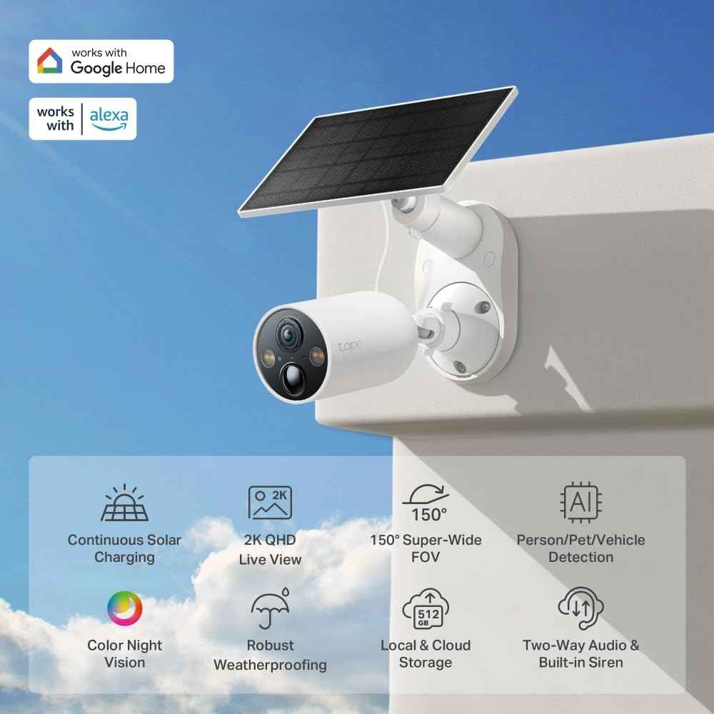 Tapo 2.5K 4MP Caméra Surveillance WiFi Extérieure sans Fil avec Panneau Solaire Batterie 10 000mAh, Autonomie de 300j, AI Détection, Vision Nocturne en Couleur, IP66 Etanche, Aucune hub requis
