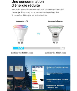 Tapo Ampoule Connectée WiFi, Ampoule LED GU10 Multicolore 2200K-6500K, Dimmable 350 Lumens, 3.7W équivalent à 50W, Compatible avec Alexa et Google Home, Economie d'énergie, Tapo L630(2-pack)