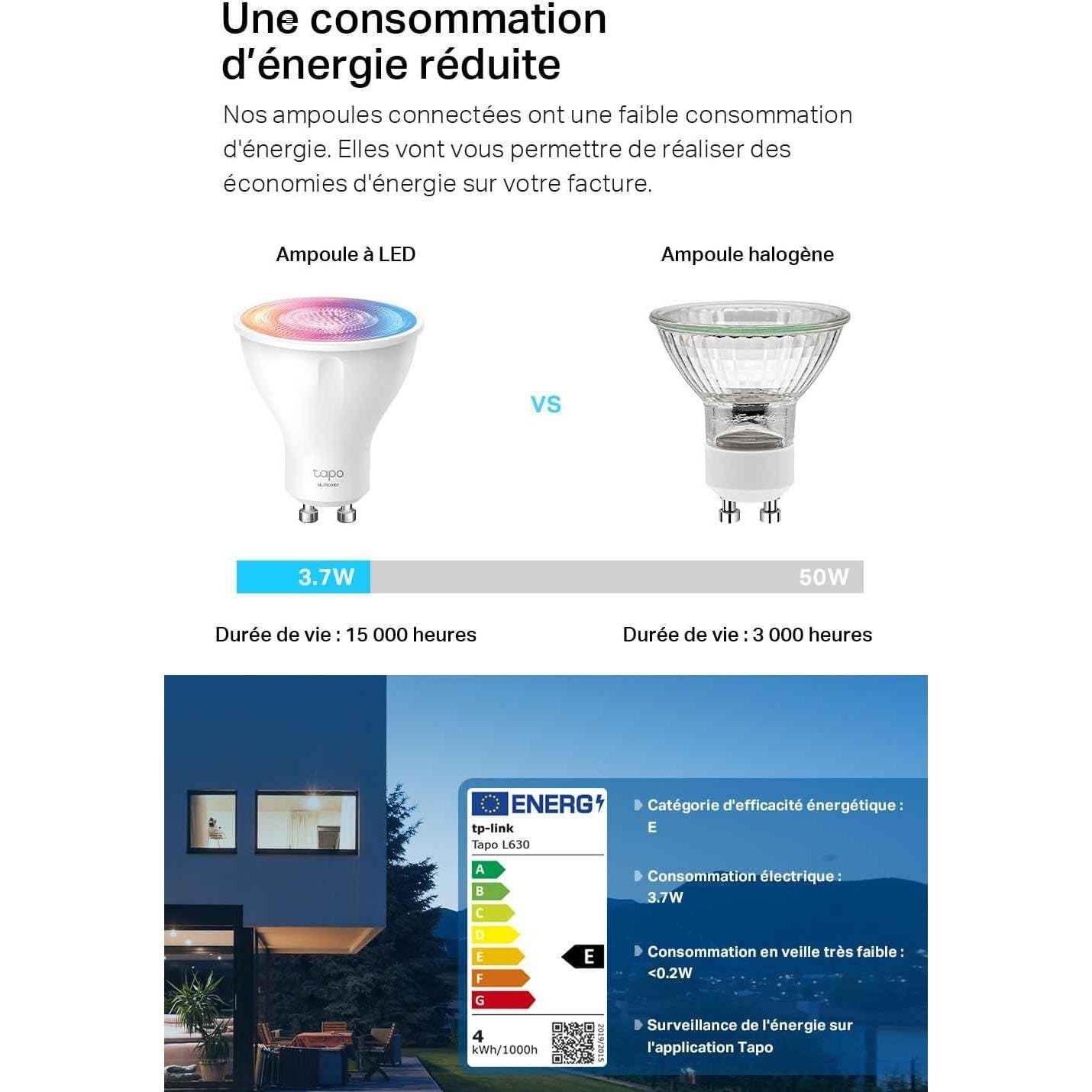 Tapo Ampoule Connectée WiFi, Ampoule LED GU10 Multicolore 2200K-6500K, Dimmable 350 Lumens, 3.7W équivalent à 50W, Compatible avec Alexa et Google Home, Economie d'énergie, Tapo L630(2-pack)