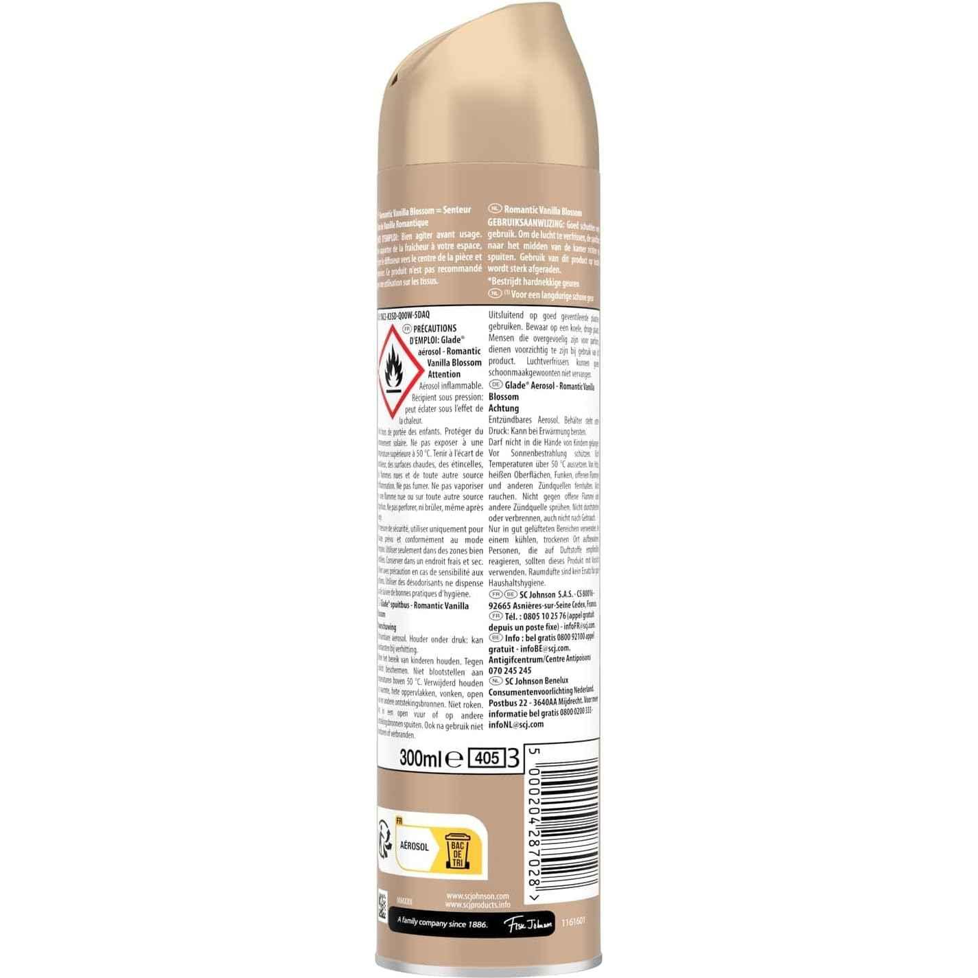 Glade Aérosol - Elimine Les Odeurs - Parfum Frais - Infusé Aux Huiles Essentielles - Romantic Vanilla Blossom - 6 Aérosols