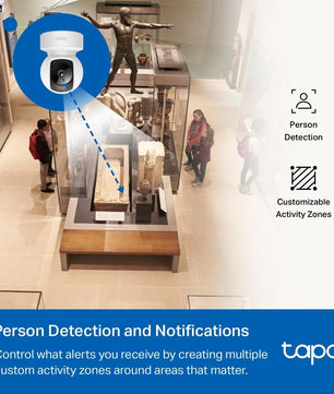 Caméra Tapo C200 installée dans un musée, détectant les personnes et zones d’activité personnalisées pour sécurité renforcée.