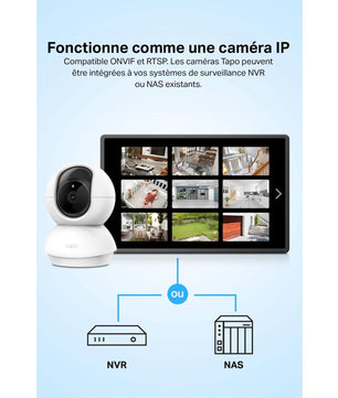 Caméra Tapo C200 utilisée comme caméra IP, compatible ONVIF et RTSP, intégrée à un système de surveillance NVR ou NAS.
