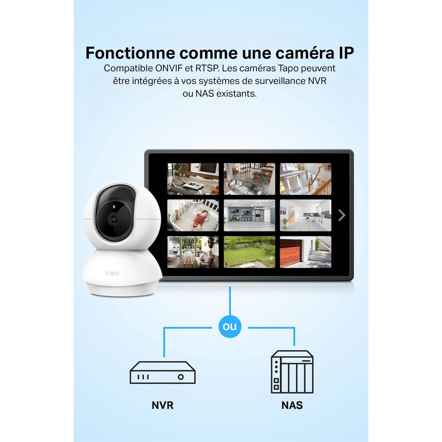 Caméra Tapo C200 utilisée comme caméra IP, compatible ONVIF et RTSP, intégrée à un système de surveillance NVR ou NAS.