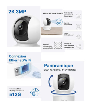 Tapo C220 2.5K Caméra de Surveillance WiFi intérieure 360° avec Détection Humaine AI - Cpourtoi.Net