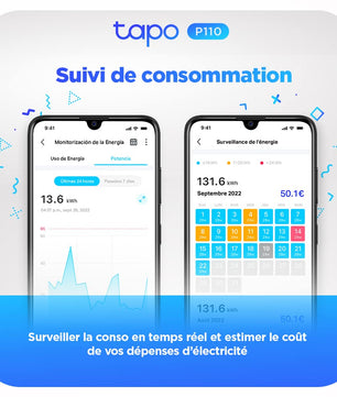 Suivi de consommation énergétique détaillé sur l'application Tapo P110 avec graphiques et calendrier mensuel.