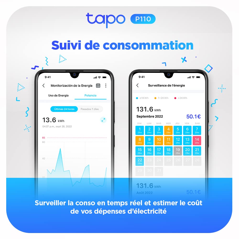 Suivi de consommation énergétique détaillé sur l'application Tapo P110 avec graphiques et calendrier mensuel.