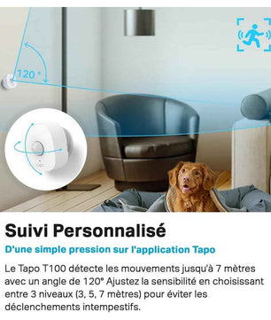Tapo Détecteur de mouvement intelligent Tapo T100 avec Hub, capteur de mouvement intelligent, détection longue portée (120°, 7 m), lumière activée par le mouvement, alertes instantanées