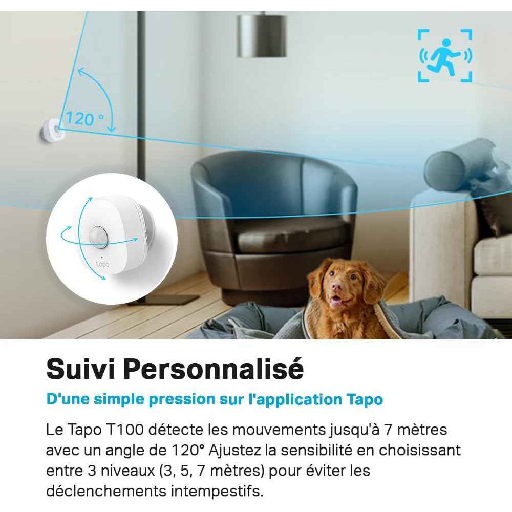 Tapo Détecteur de mouvement intelligent Tapo T100 avec Hub, capteur de mouvement intelligent, détection longue portée (120°, 7 m), lumière activée par le mouvement, alertes instantanées