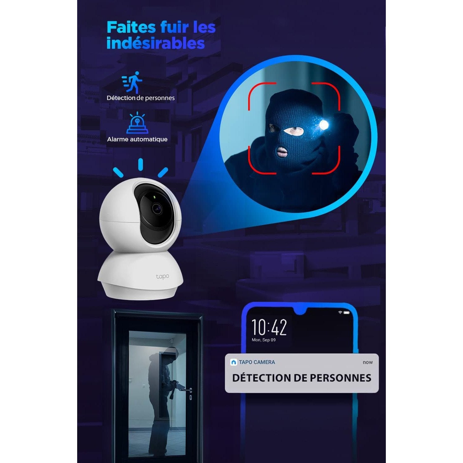 Caméra Tapo C200 détectant un intrus avec alerte en temps réel, fonction de détection de personnes et alarme automatique activée.