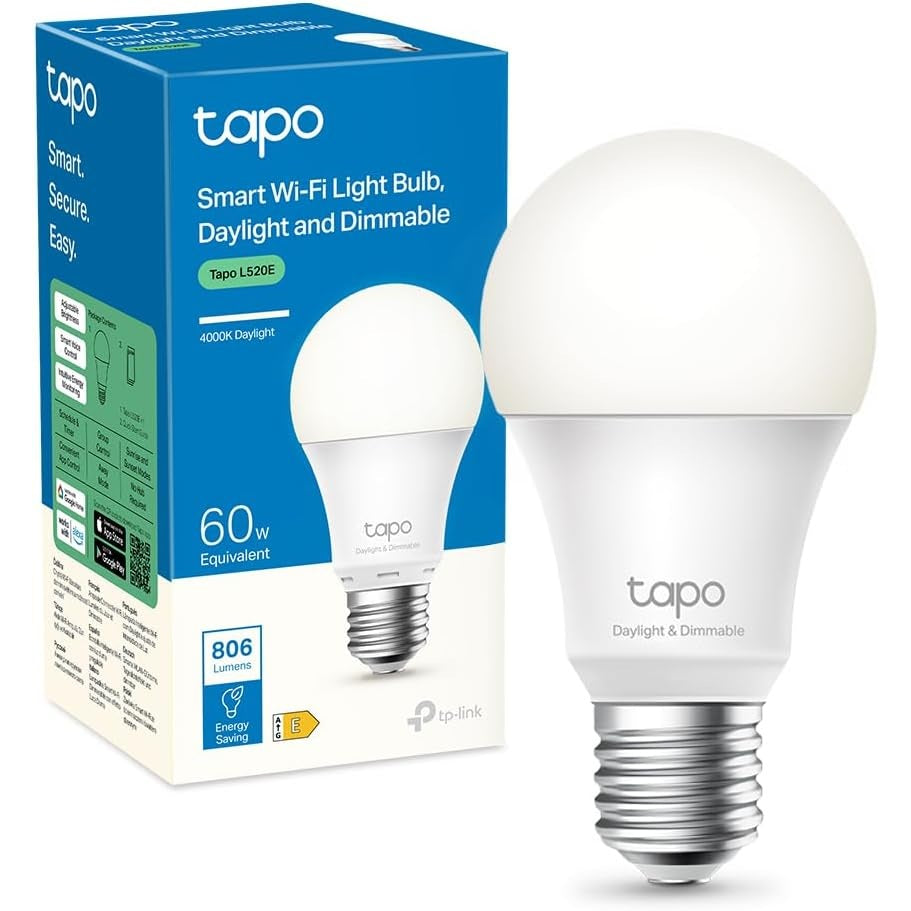Tapo WiFi Smart Bulb, E27 LED Bulb, White, 4000K, Dimmable 8W 806Lm, Compatible with Alexa and Google Home, Voice Control, Energy Saving, Tapo L520E