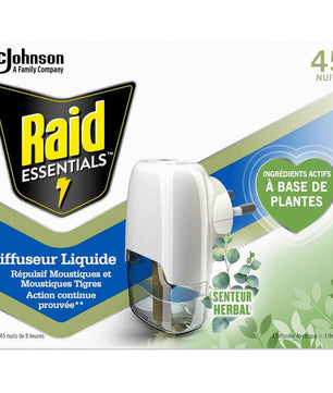 Raid Essentials Prise Anti-Moustiques Électrique avec diffuseur liquide et recharge 45 nuits, actif végétal sans parfum ajouté, Cpourtoi.Net.