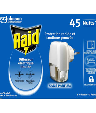 Raid Diffuseur Electrique Liquide 3en1 - Moustiques & Moustiques Tigres - 1 Diffuseur + 1 Recharge 45 Nuits
