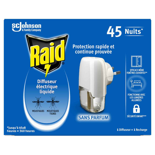 Raid Diffuseur Electrique Liquide 3en1 - Moustiques & Moustiques Tigres - 1 Diffuseur + 1 Recharge 45 Nuits